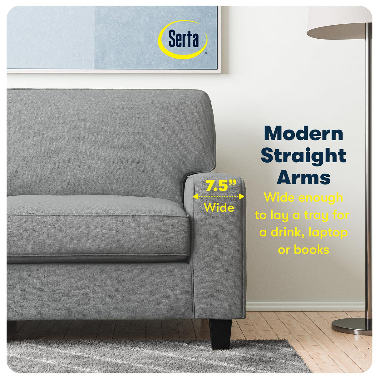 Serta Palisades 61" Track Arm Sofa, Easy Care Polyester, Soft Pillow Back, Pocket Coil Seat Cushions, Removable Covers, Loveseat or Couch for Small Spaces, Living Rooms or Bedrooms, Glacial Gray Serta