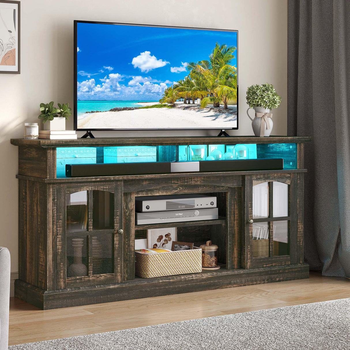 YITAHOME LED Farmhouse TV Stand for 75 Inch w/Outlets, Modern Entertainment Center with Glass Doors and Adjustable Storage Shelves, Media Console TV Cabinet for for Living Room, Dark Rustic Oak YITAHOME