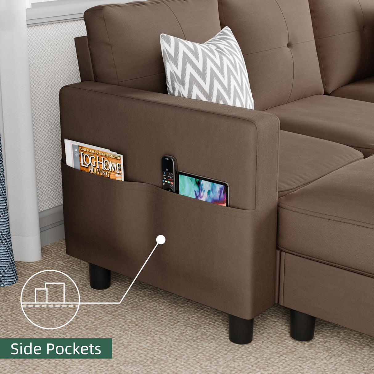 JAMFLY Sectional Sofas Couches for Living Room, L Shaped Couch with Storage Sofa Set, Small Couches for Small Spaces with Movable Ottoman, Brown JAMFLY