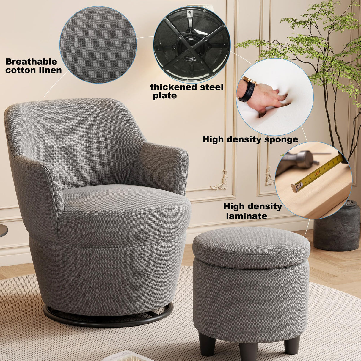 Ball & Cast Swivel Accent Arm Chair with Storage Ottoman, 360°-Swivel Barrel Chair and Footstool, Backrest Recliner Chair w/Ottoman, High Back Linen Single Sofa Side-Chair Stool w/Tray, Grey Ball & Cast