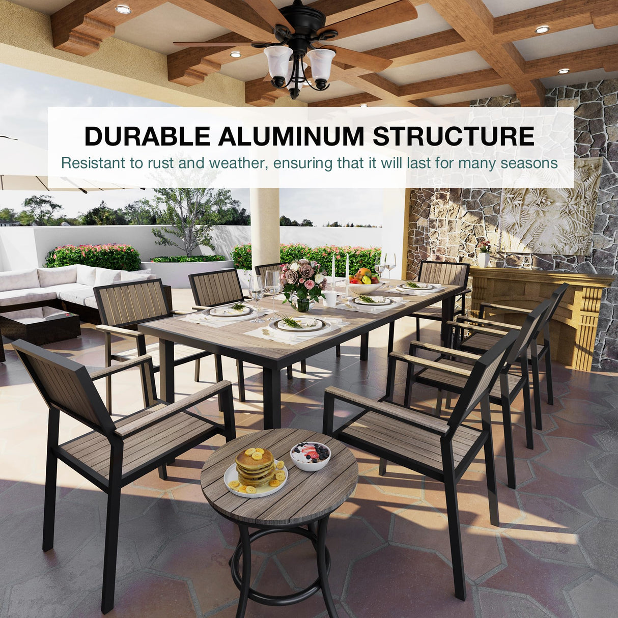 Pamapic 10-Piece Patio Dining Set,Outdoor Aluminum Furniture Set with Plastic-Wood Table Top,Outdoor Furniture Set with 8 Outdoor Stackable Chairs for Patio Garden Poolside (Walnut) Pamapic