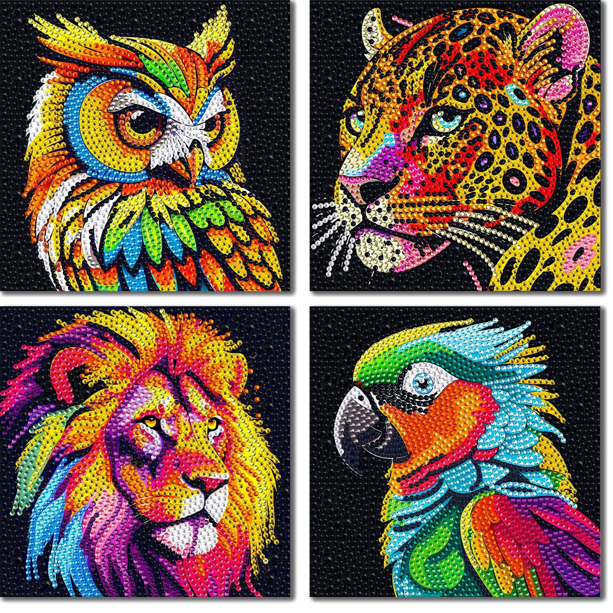 UiSdfuy Diamond Art Kits for Kids, Arts & Crafts Ages 8-12,Diamond Art for Boys Girls,Gem Art 4 Pack Diamond Painting 6"x 6" - Lion Owl Leopard Parrot UiSdfuy
