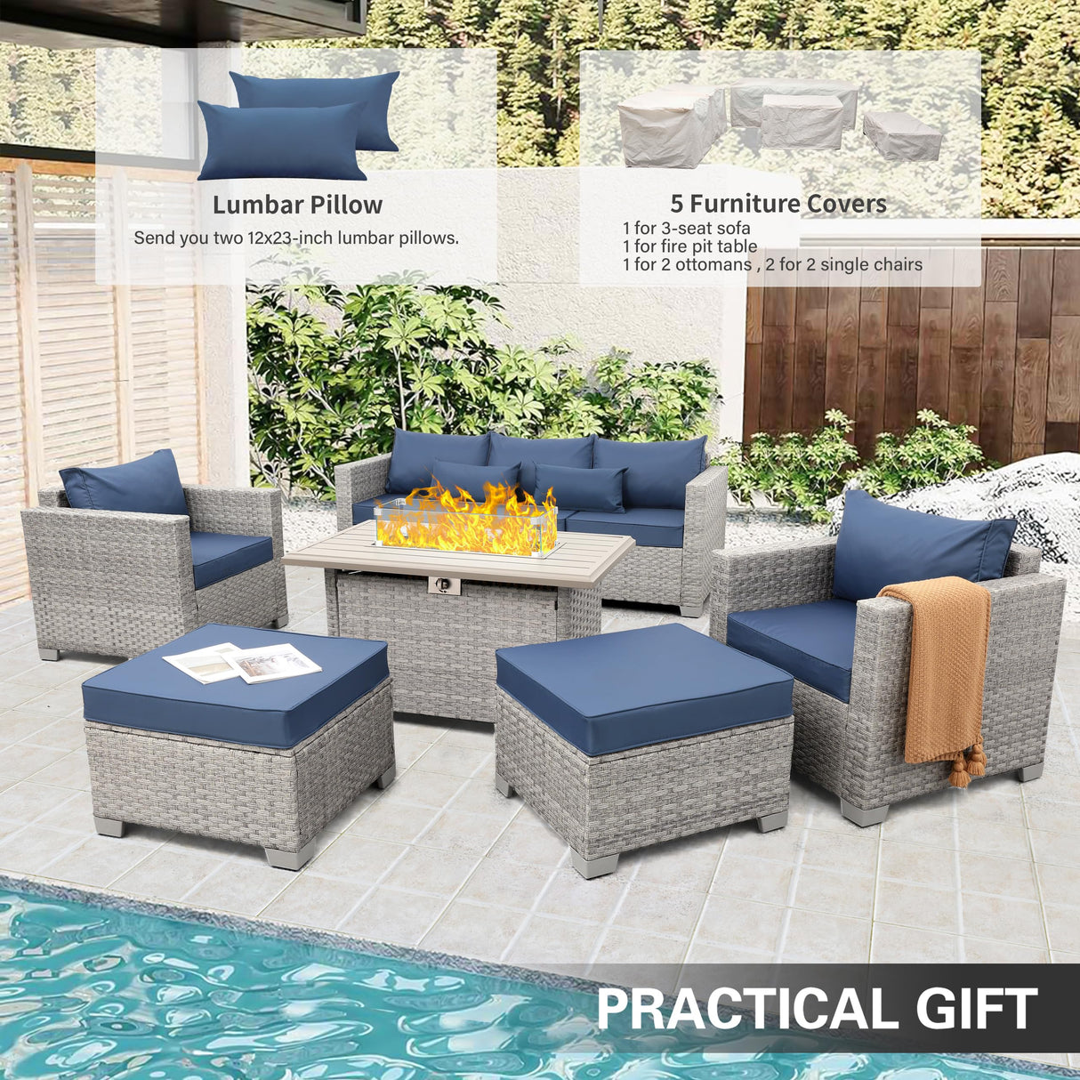 WAROOM Patio Furniture Set 6 Piece Grey Wicker Outdoor Furniture Patio Sectional Sofa Couch PE Rattan Conversation Sets with Fire Pit Table, Blue Cushion WAROOM