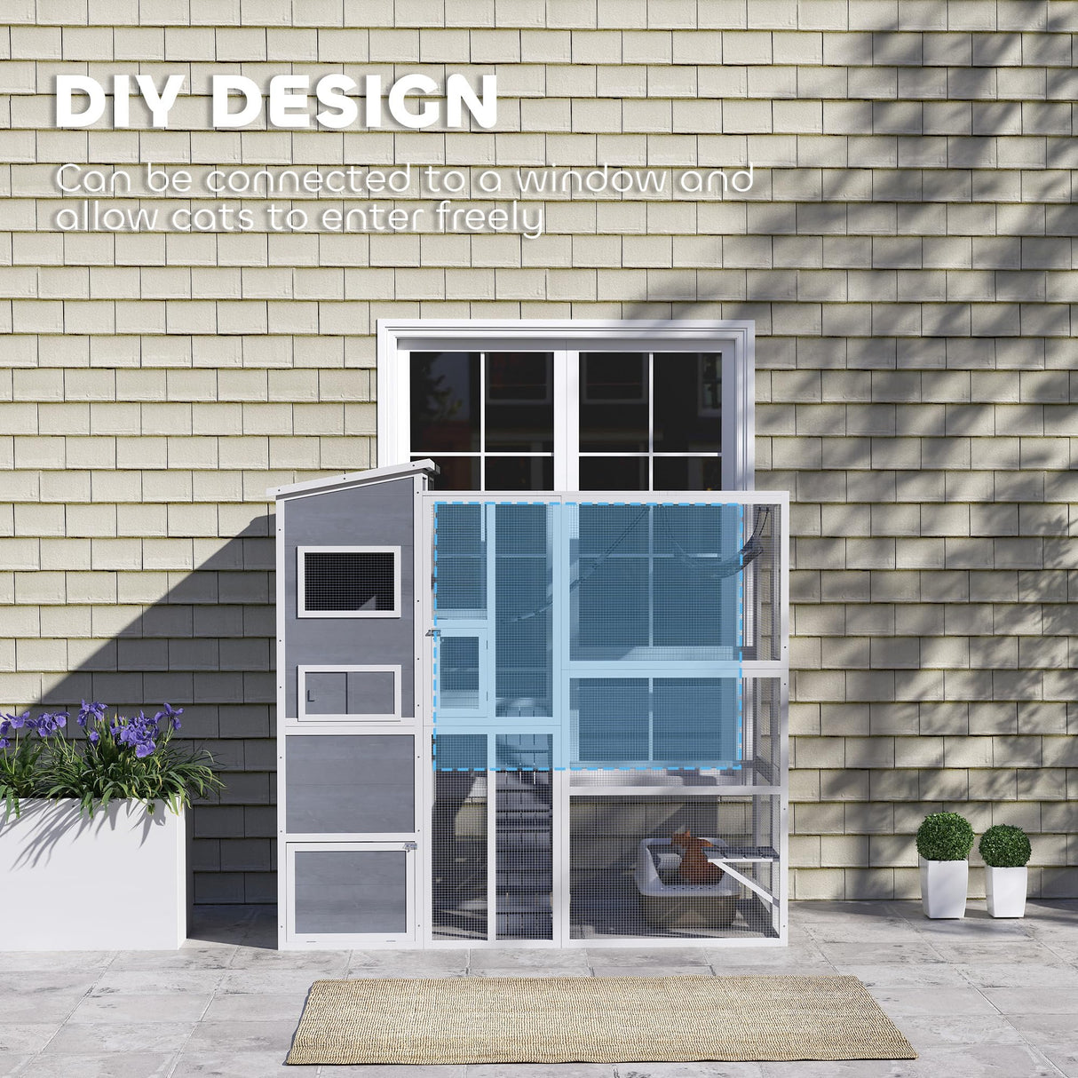 PawHut Catio Outdoor Cat Enclosure, Large Wooden Cat House with Resting Rooms, Platforms, Hammock, Soft Ladder, Ramps, for 2-3 Kittens, 76" x 36" x 68", Gray PawHut