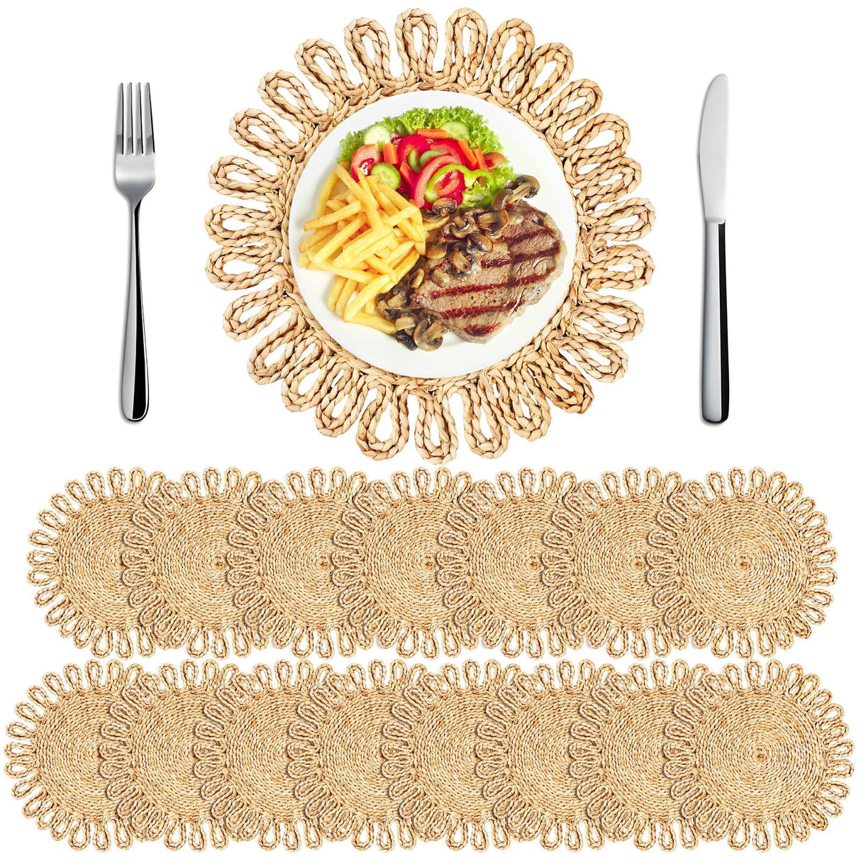 Zopeal 16 Pieces 11 Inches Woven Round Placemats Rattan Chargers Wicker Boho Placemats Natural Braided Table Mats Corn Husk Place Mats Wicker Charger Plates for Wedding(Solid) Zopeal