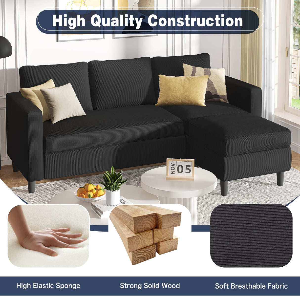 Shintenchi Small Sectional Couch Sofas, 3 Seat L Shape Sofa with Ottoman, Corduroy Upholstered Convertible Sofa Couches, Small Couch for Apartments, Living Room and Office (Black) Shintenchi