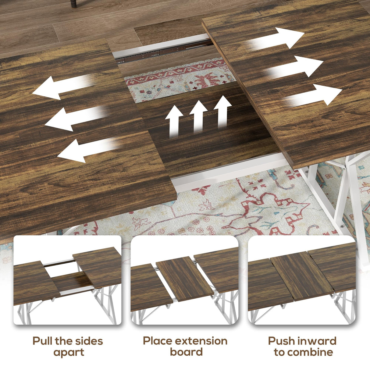 HOMCOM 47"-63" Expandable Dining Table for 4-6 People, Farmhouse Dinner Table with Heavy Duty Metal Trestle Base, Rectangle Kitchen Desk, Distressed Brown HOMCOM