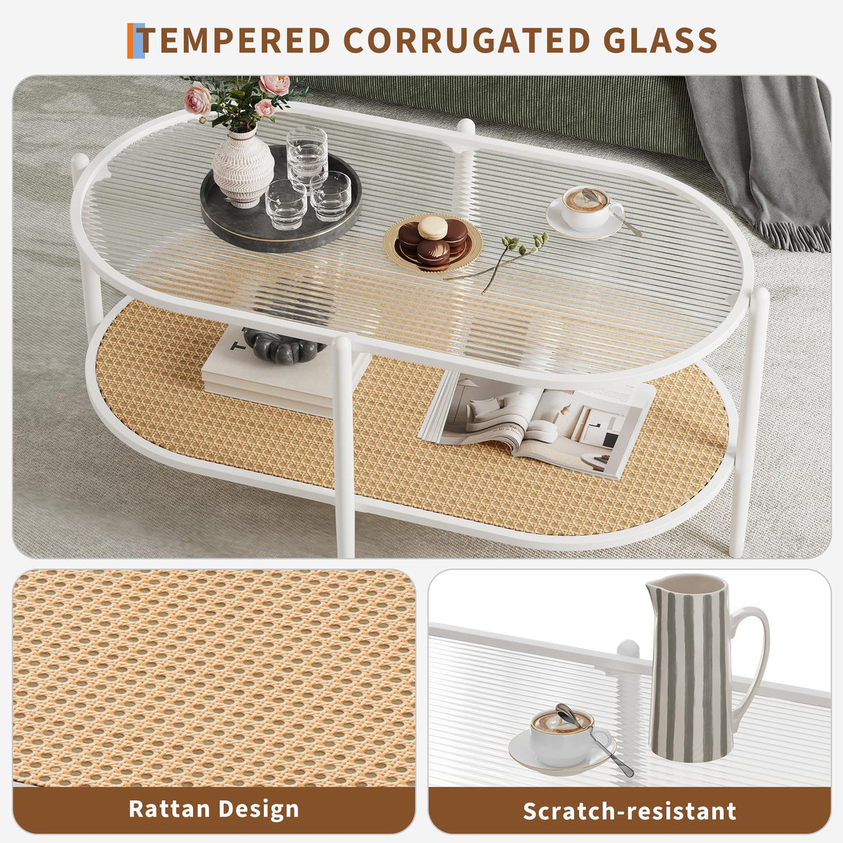 Boho Rattan Coffee Table with Glass Top, 2-Tier Oval Center Table with Metal Frame & Storage Shelf, Rustic Farmhouse Living Room Accent Tea Table for Apartment, Bedroom, Office White IDEALHOUSE