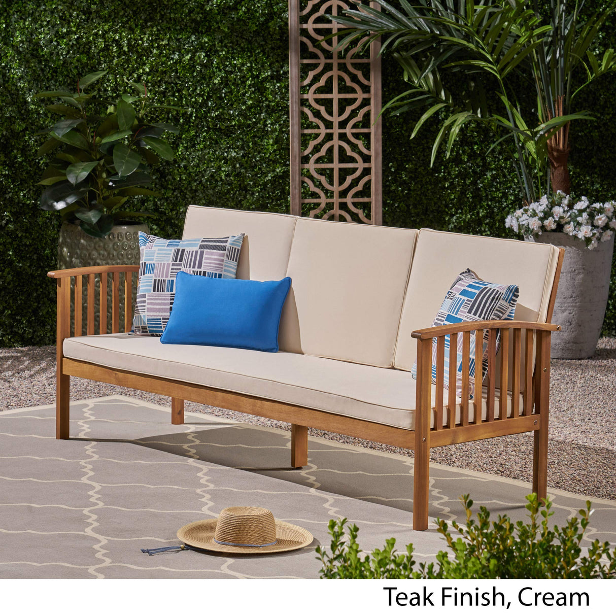 Christopher Knight Home Breenda Outdoor Acacia Wood Sofa with Cushions, Teak Finish, Cream Christopher Knight Home