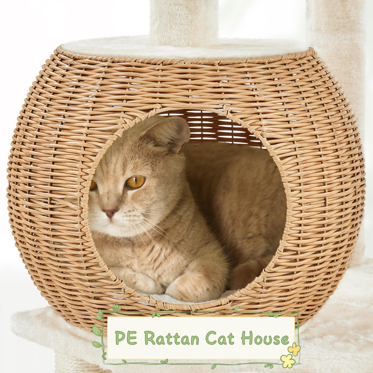 Yaheetech Cat Tree, 54in Rattan Cat Tree Tower with Luxury Woven Condo, Clear Bowl, Washable Cushions, and Scratching Posts, Cat Furniture for Indoor Cats Yaheetech
