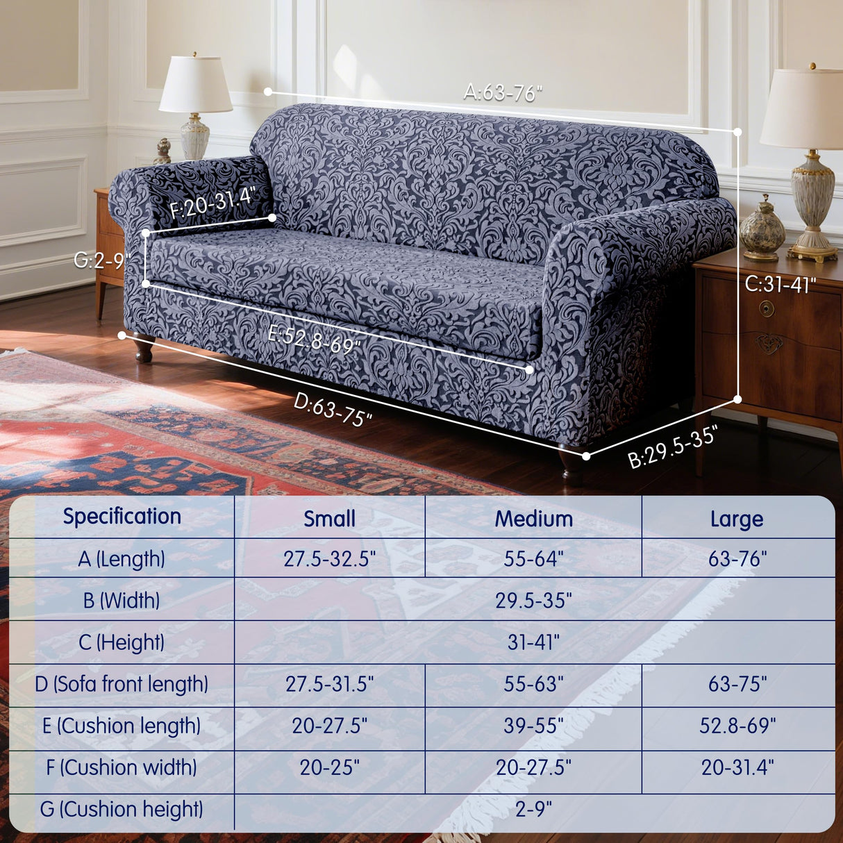 SUBRTEX 2 Piece Couch Covers, Jacquard Damask 3 Seater Sofa Cover with Seat Cushion, Stretch Sofa Slipcovers Non Slip Furniture Protector for Dogs Pets (Large, Grey) SUBRTEX