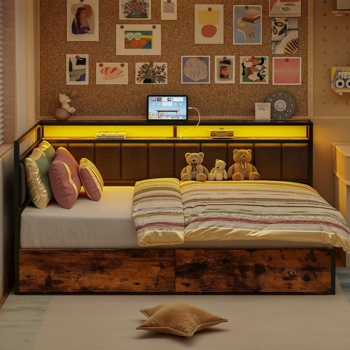 LIKIMIO Corner Bed Frame Twin Daybed with Storage Drawers, Metal Platform Bed Frame with LED Light, Charging Station & Fabric Upholstered Fence, Black LIKIMIO