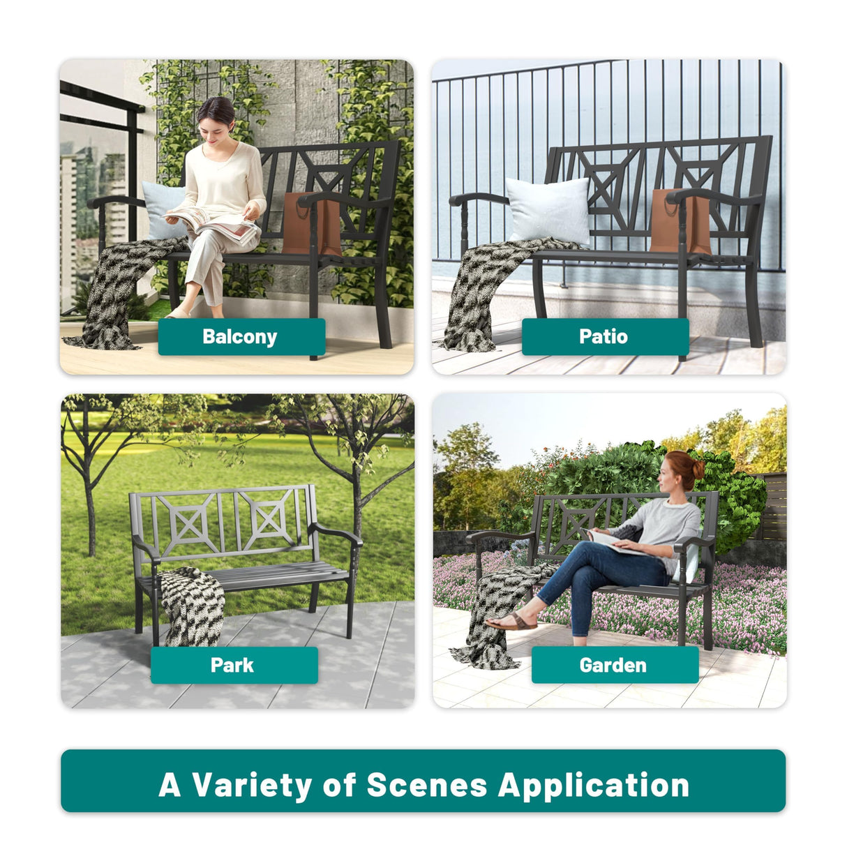 JMGJOY Metal Outdoor Bench, Weatherproof Garden Bench with Square Pattern Backrest and Armrests, for Patio, Porch, Park, Lawn JMGJOY