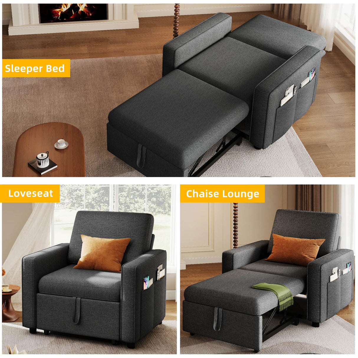 YITAHOME Convertible Sofa Chair Bed, 3-in-1 Sleeper Sofa with Pull-Out Bed, Linen Fabric Single Sleeper Chair with Reclining Backrest and Wide Armrest, Modern Lounge Chair for Small Space, Grey YITAHOME