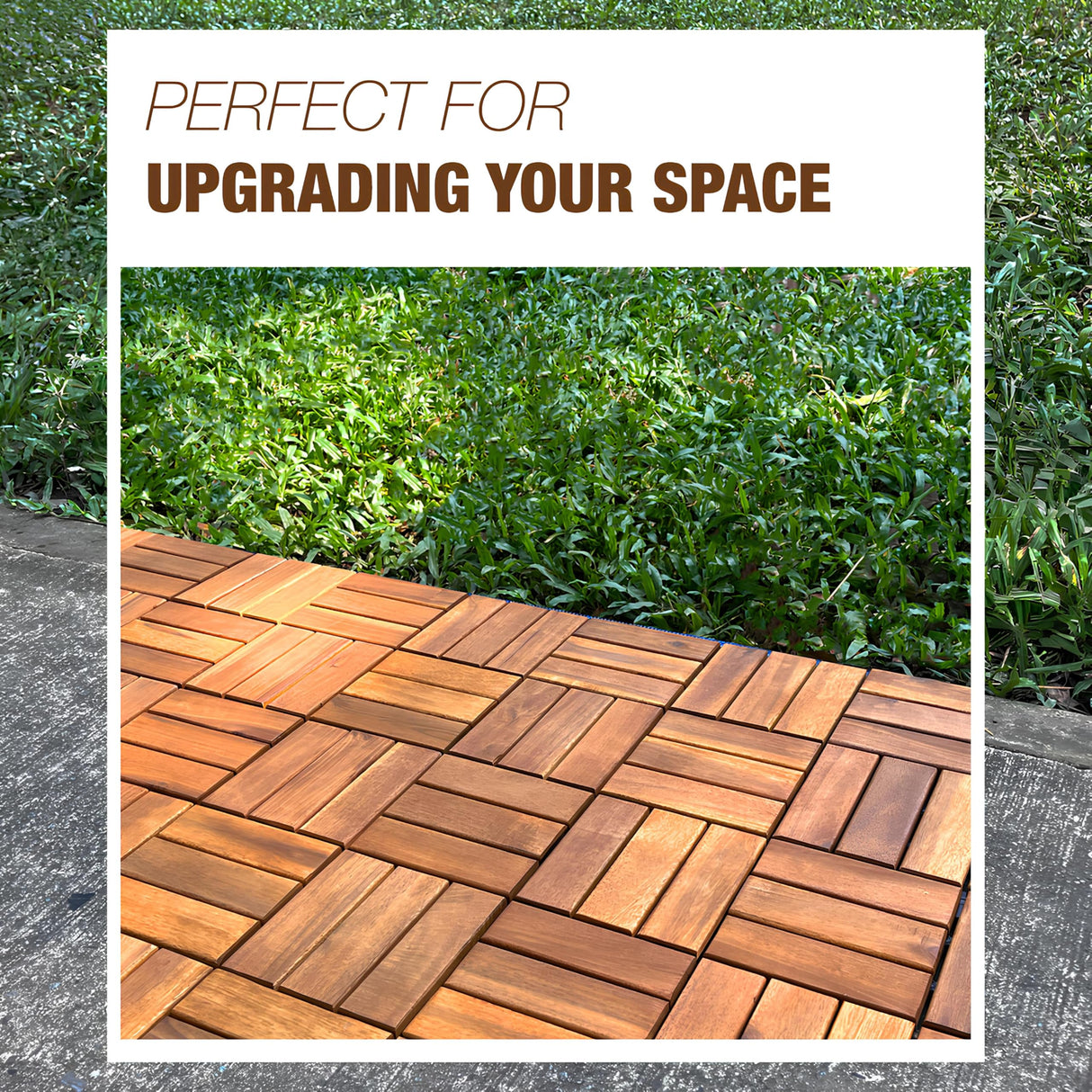 10 pcs Premium Acacia Wood Interlocking Decking Tiles – 12x12x0.9in Weatherproof Patio Flooring Outdoor – Interlocking Deck Tiles for Balcony, Backyar & Poolside, All-Weather Use (Golden Teak Finish) GREEN ALLUVIUM