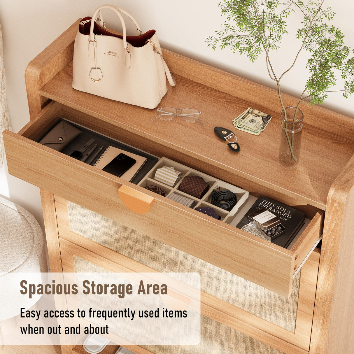 INNOD Rattan Shoe Storage Cabinet, Shoe Organizer with 2 Flip Drawers, Narrow Shoe Cabinet, Free Standing Hidden Shoe Storage, Shoe Rack for Entryway/Hallway/Closet, Natural Oak INNOD