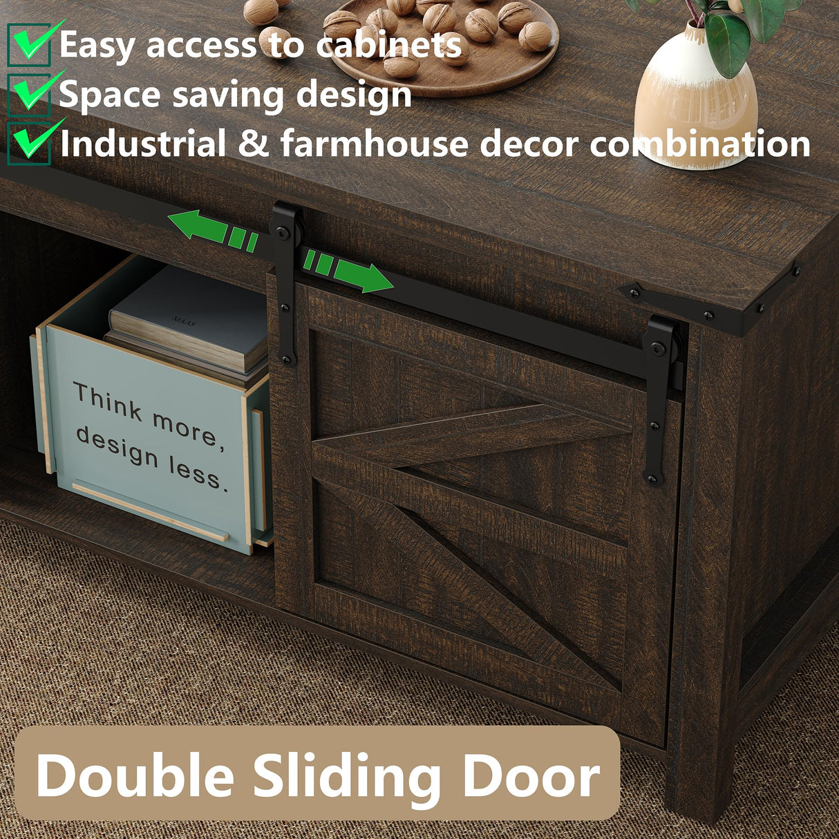 Furnihold 47.3'' Lift Top Coffee Table Rectangle Farmhouse Coffee Table with Storage Rustic Center Table with Sliding Barn Doors for Living Room, Home, Dark Brown Furnihold