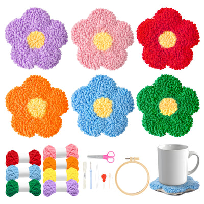 WATINC Flower Punch Needle Coaster Kit - 22Pcs Crafts Punch Needle Coasters Kits for Beginners, Flower Patterns Tufted Rug Pads with Adhesive Felt Yarns Embroidery Hoop Instruction