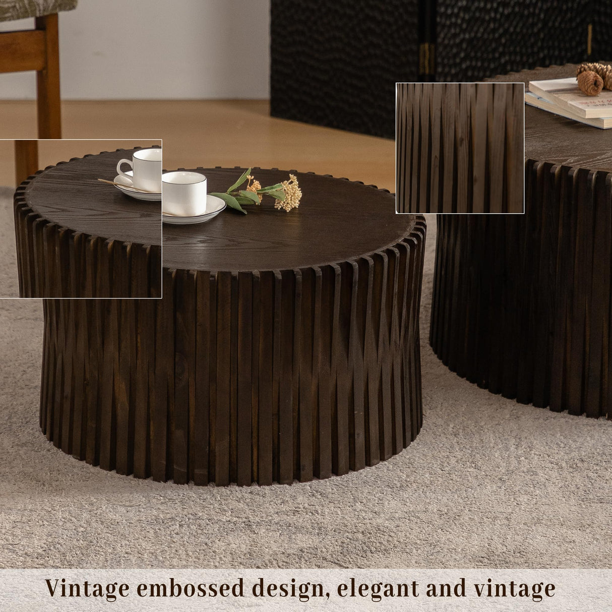 KIGFTSOD Vintage Modern Nesting Coffee Table Set of 2, Round Wooden Table Accent End Table Cylindrical Set with Vertical Textured Embossed Design for Living Room, Apartment (Dark Brown) KIGFTSOD