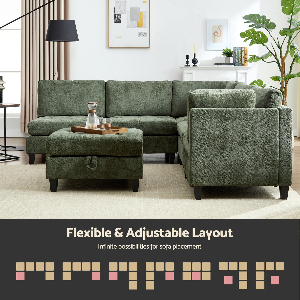 Luxe Oversized Modular Sectional Sofa, Modern Chenille Convertible Sleeper Sofa with Storage Ottoman, Comfy Deep Seat U-Shaped Cloud Couch for Living Room(Green,5-Seater + 1*Ottoman+ Tea Tray) smilesun