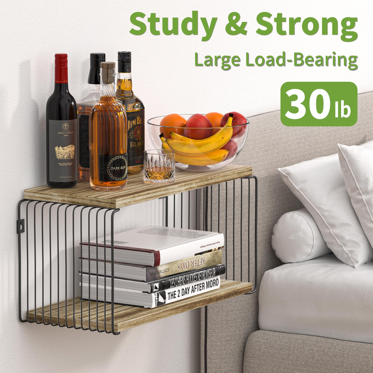 Adowes Modern Geometric Floating Nightstand - 2 Tier Carbonized Black Wall-Mounted Bedside Table Adowes