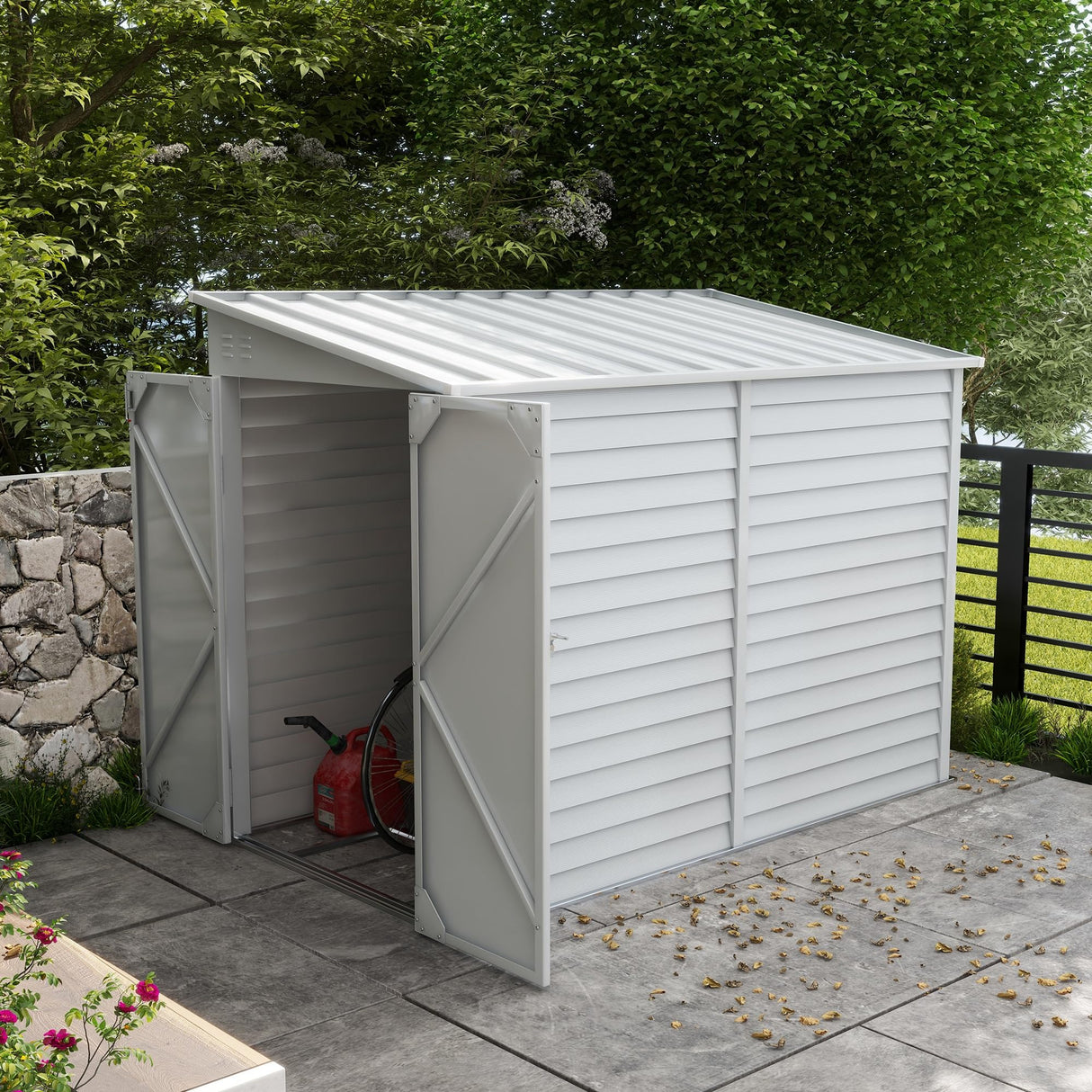 Outsunny 4.6' x 9' Steel Outdoor Storage Shed, Lean to Shed, Metal Tool House with Foundation Kit, Lockable Doors, Gloves and 2 Air Vents for Backyard, Patio, Lawn, White Outsunny