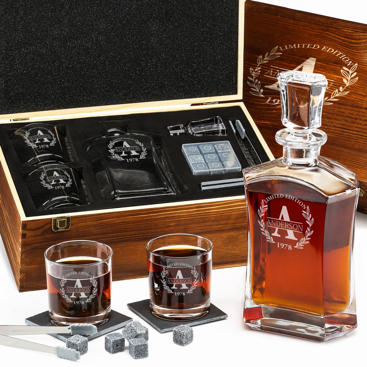 Personalized Whiskey Decanter and Stones Set - Customized Gift for Him - Men, Dad, Father - Engraved Old Fashioned Decanter, Glasses, 9 Granite Stones in Container, Coasters, Tongs in Wooden Gift Box Frolk