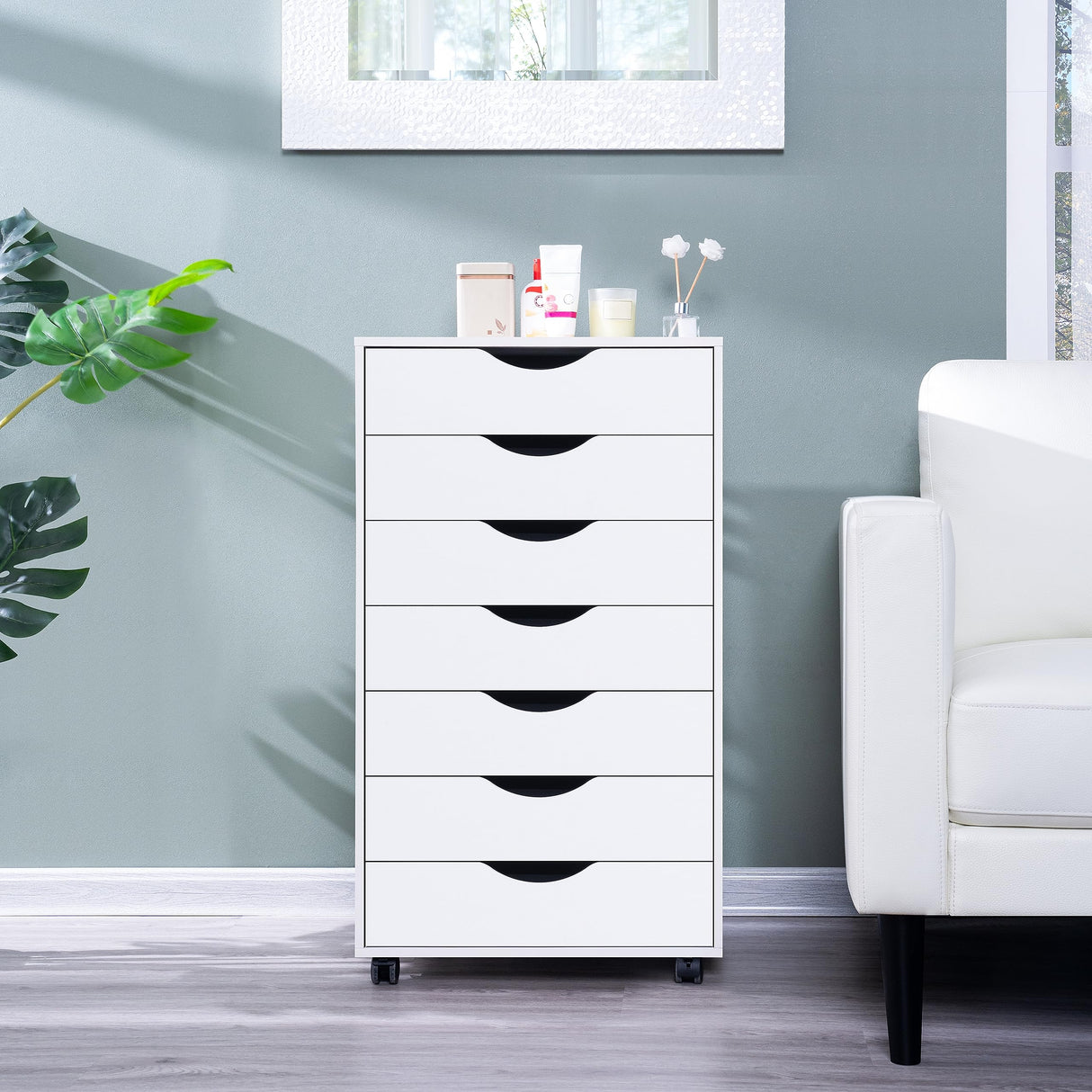 Naomi Home 7 Drawer Dresser for Bedroom, Stylish Tall Dressers with Wheels, Storage Shelves, Small Dresser for Closet, Makeup Dresser with 180 lbs Capacity - White Naomi Home