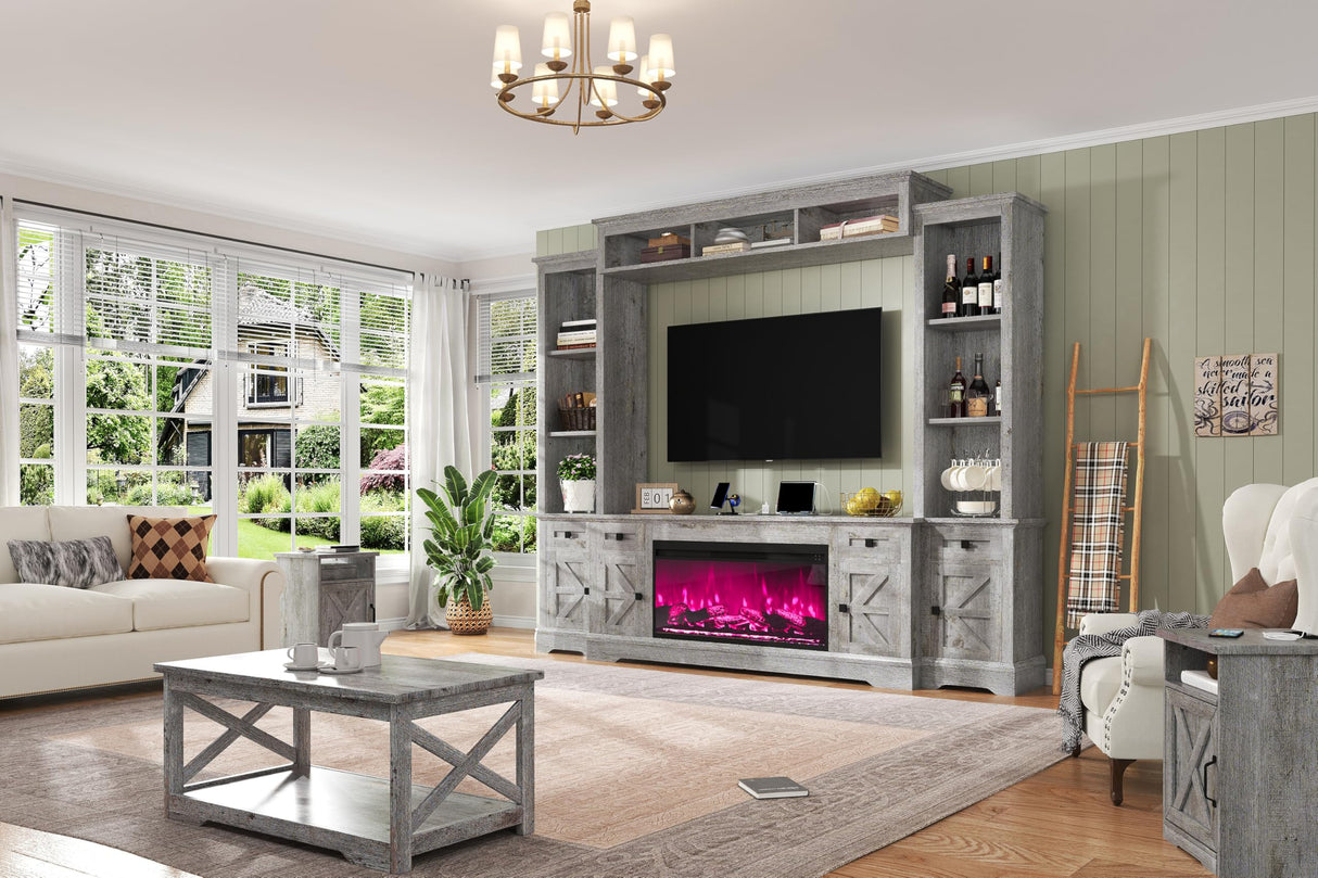AMERLIFE 98in Farmhouse Entertainment Center with 36" Fireplace, TV Stand, Bookshelves, Wine Cabinet, Fits 75" TVs, Large Wall Unit Media Console with Power Outlets & Barn Doors, Living Room, Grey AMERLIFE