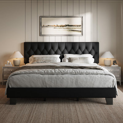 iPormis Upholstered King Size Bed Frame with Button Tufted Headboard, Linen Platform Bed with Thickened Support Legs, Noise-Free/No Box Spring Needed/Easy Assembly, Black