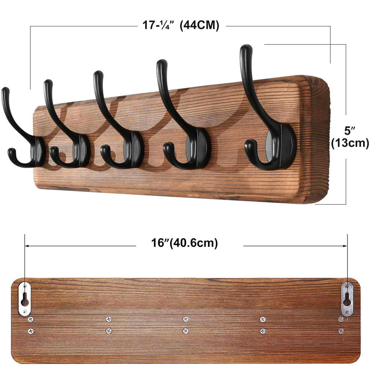 SKOLOO Rustic Wall Mounted Coat Rack with 16 Inch Mounting Hole Distance, Pine Solid Wood Coat Hook Hanger - 5 Hooks for Hanging Clothes Robes Towels Coats SKOLOO