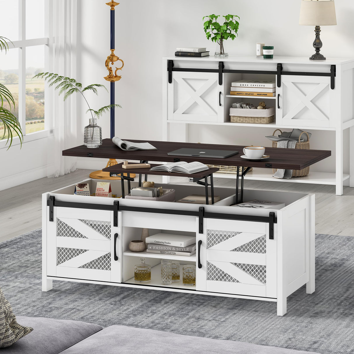wanan 47.2" Lift Top Coffee Table, 4 in 1 Farmhouse Coffee Table with Sliding Barn Doors, Coffee Tables for Living Room, Dining Room (White) wanan