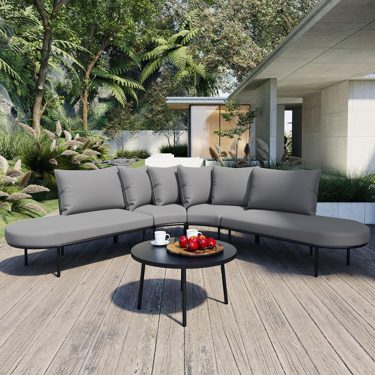 Merax 5 Piece Patio Outdoor Furniture Set for 6 People, All Weather L-Shaped Sectional Sofa with Iron Frame & Waterproof Coushions, 1 Round Coffee Table for Garden, Lawn, Backyard, Poolside, Gray Merax