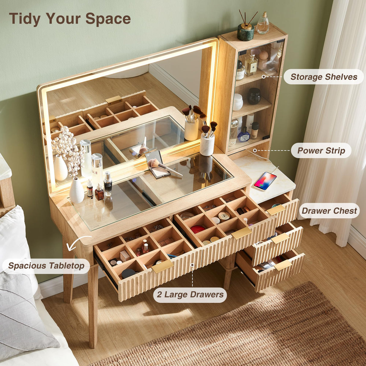 T4TREAM 48" Fluted Makeup Vanity Desk with Large 36" Mirror and Lights, Modern Glass Top Big Vanity Table with 5 Drawers & Adjustable Shelves, Dressing Table Set w/Charging Station for Bedroom, Oak T4TREAM