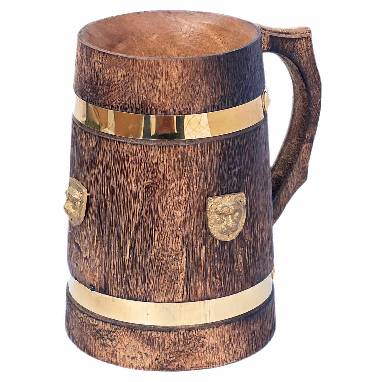 collectiblesBuy Handmade Wooden Beer Mug Stein Brass Barrel Design With Embossed Metal Lion Wood Tankard Beverages Vintage Style Medieval Inspired Kitchen & Bar Accessories collectiblesBuy