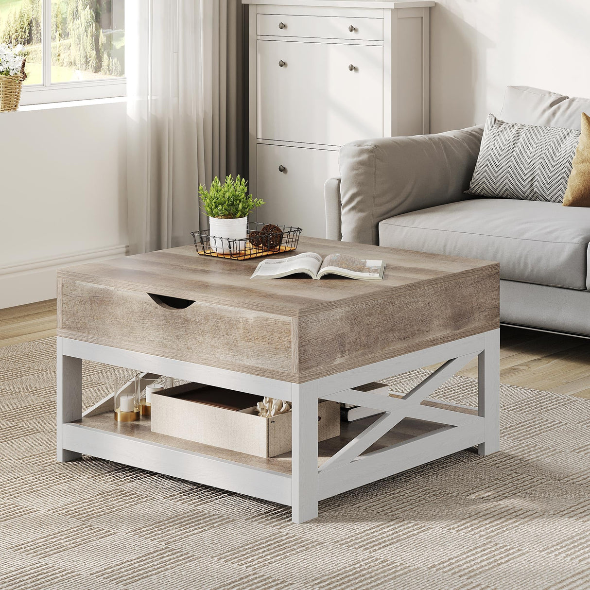 YITAHOME Coffee Tables with Living Room, Lift Top Coffee Table with Storage, Farmhouse Coffee Table, Square Wood Center Table Cocktail Table, Grey Wash YITAHOME