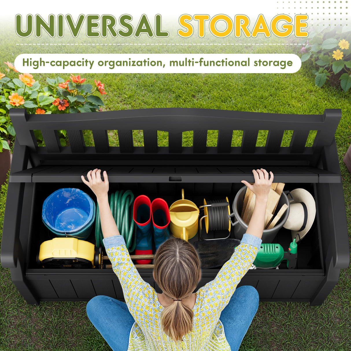 Greesum 80 Gallon Storage Bench Outdoor Deck Box with Armrest, Patio Furniture,Lockable, Waterproof and UV Resistant, Suitable for Garden, Pool, Black Greesum