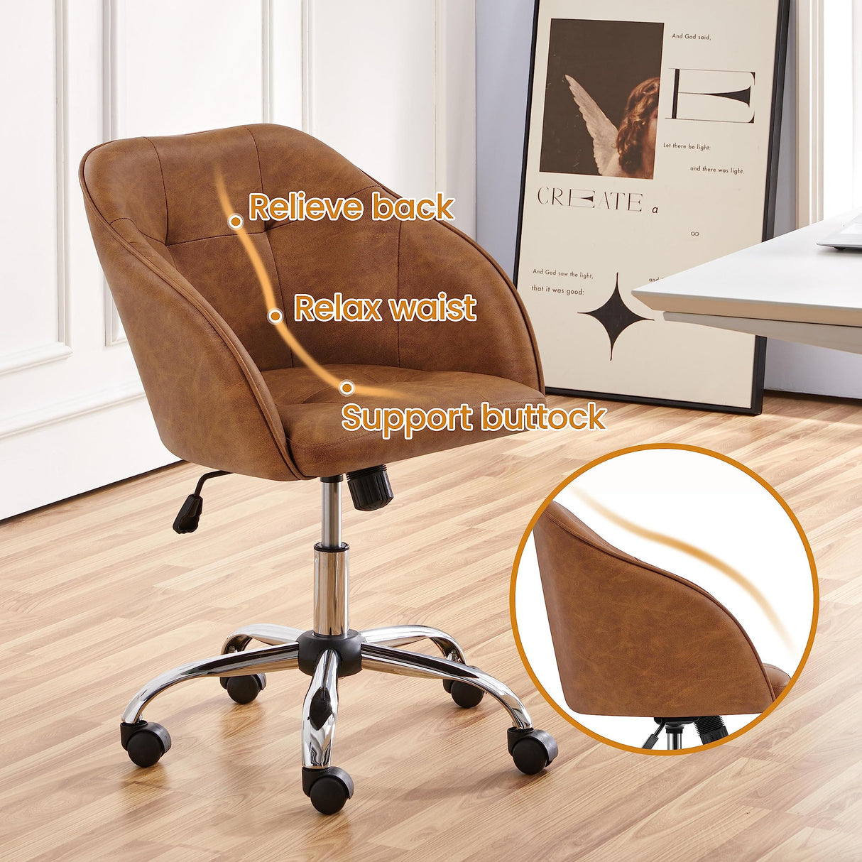 Yaheetech Faux Leather Desk Chair, Makeup Vanity Chair with Adjustable Tilt Angle, Swivel Office Chair Upholstered Armchair Study Chair for Bedroom and Makeup Room Retro Brown Yaheetech