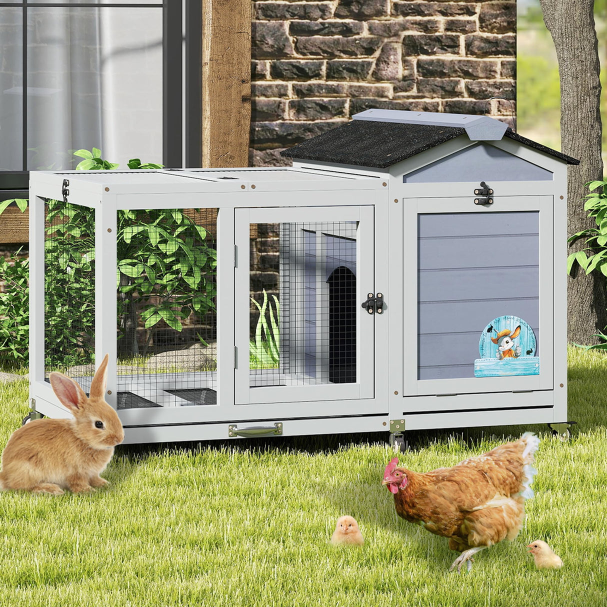 COZIWOW 39inches Fashion Wood Rabbit Hutch Indoor,Wide Space Small Animal Houses Habitats with Removable Tray&Safety Lock,Bunny Cage with Waterproof Roof&Solar Panels (Grey) COZIWOW