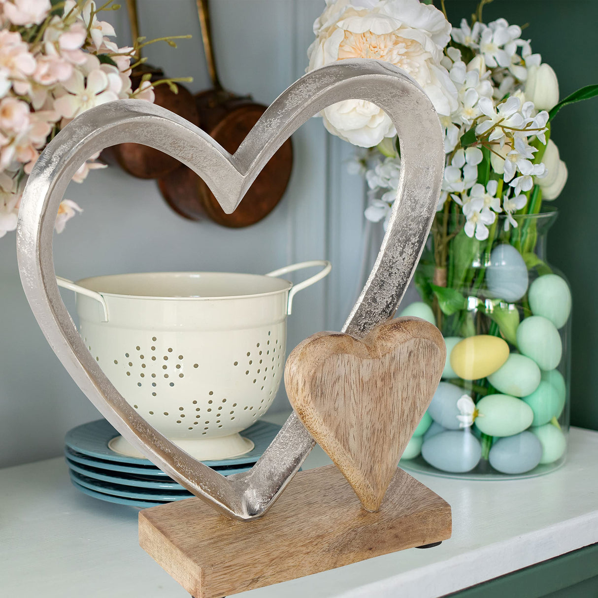 WHW Whole House Worlds Eternity Double Heart Figurine, Hand Cast Silver Aluminum, 8.75 Inches, Mango Wood Accents, Gallery Base WHW Whole House Worlds