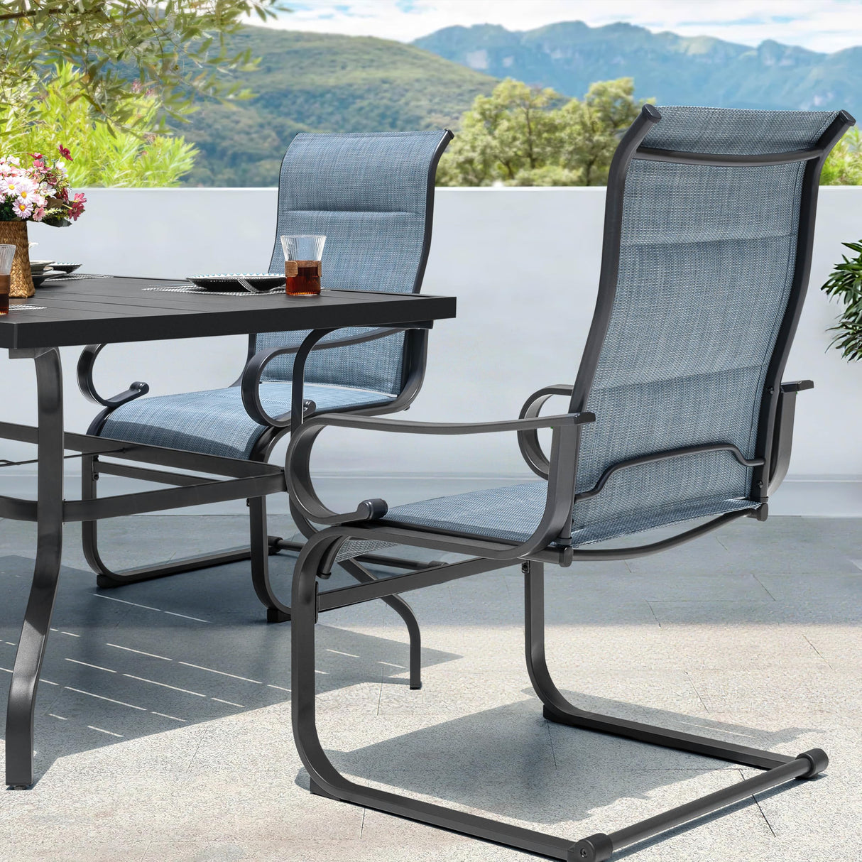 NUU GARDEN 7PCS Patio Dining Set with 1.6 Inch Umbrella Hole Powder-Coated Metal Frame Outdoor Furniture with 6 Padded Textilene C-Spring Chairs and Table for Backyard Garden Poolside Lawn Black Blue NUU GARDEN