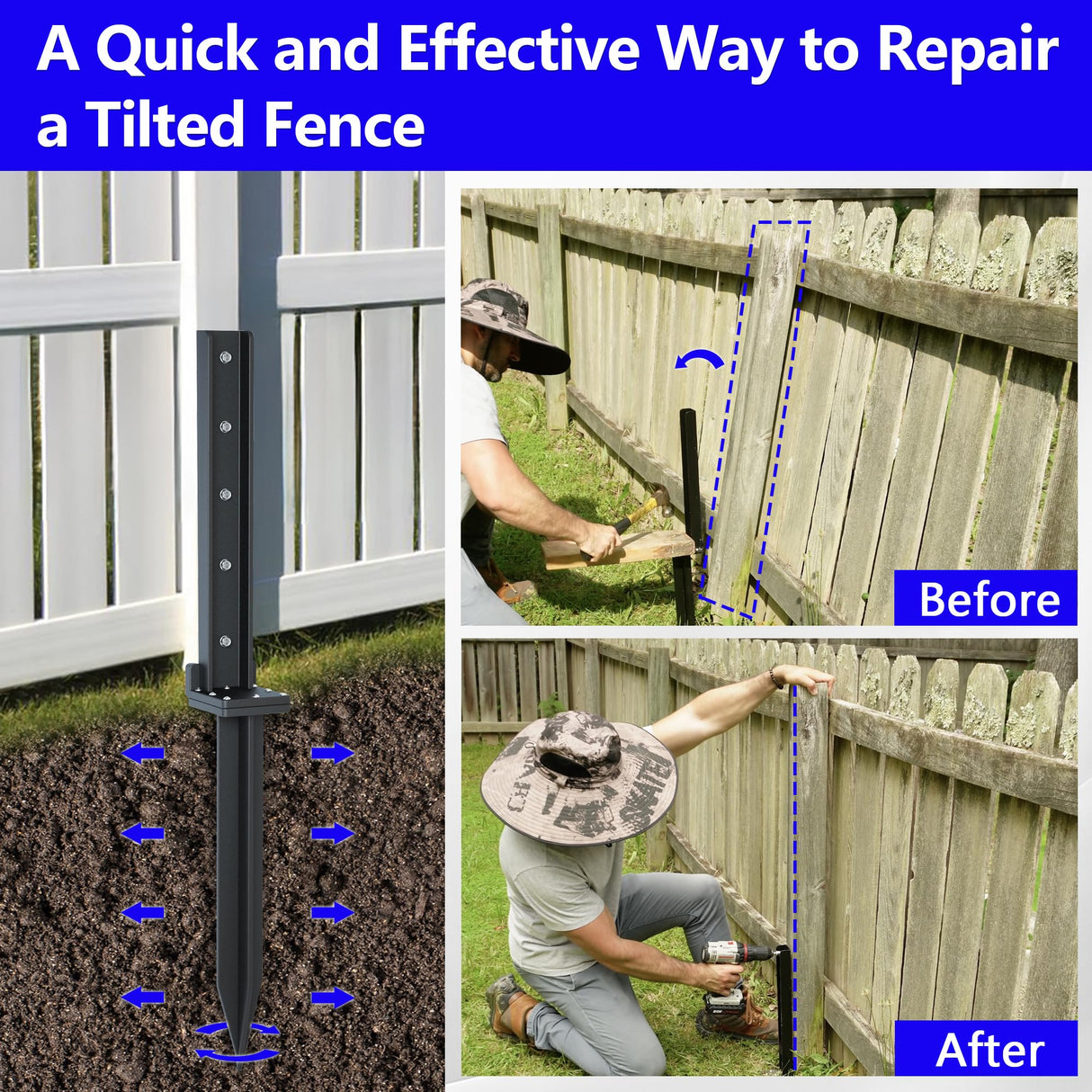 CKLT 2-Pack Fence Post Repair Kit Heavy Duty 32in Fence Post Anchor Thickened 13 Stainless Steel Screw-Connected Sturdy Fence Mender for Repairing Tilted and Broken Wooden Fence Post CKLT