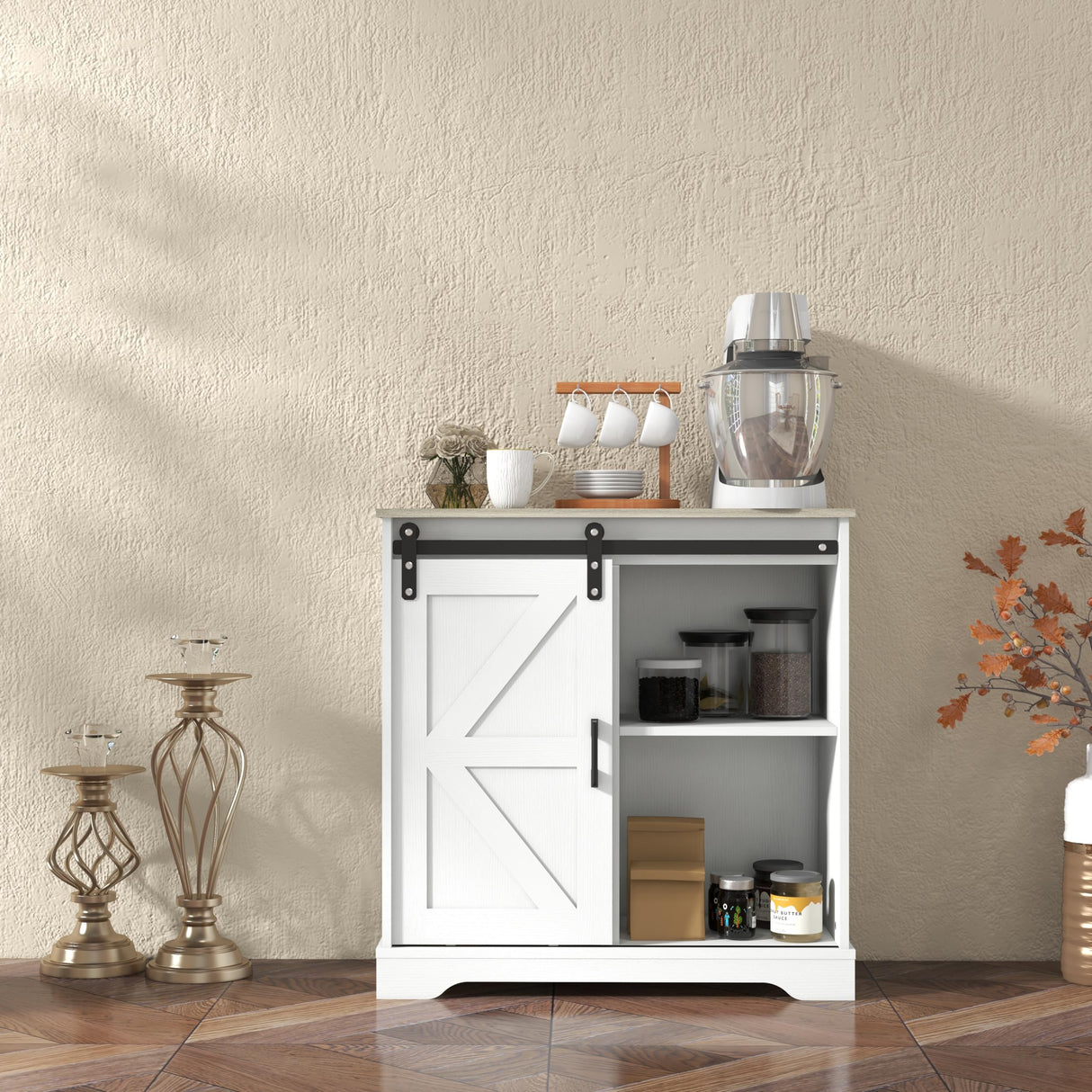 Panana Sliding Barn Door Buffet Sideboard Storage Cabinet Coffee Bar Kitchen Farmhouse Style (White Cabinet Nature Top) Panana
