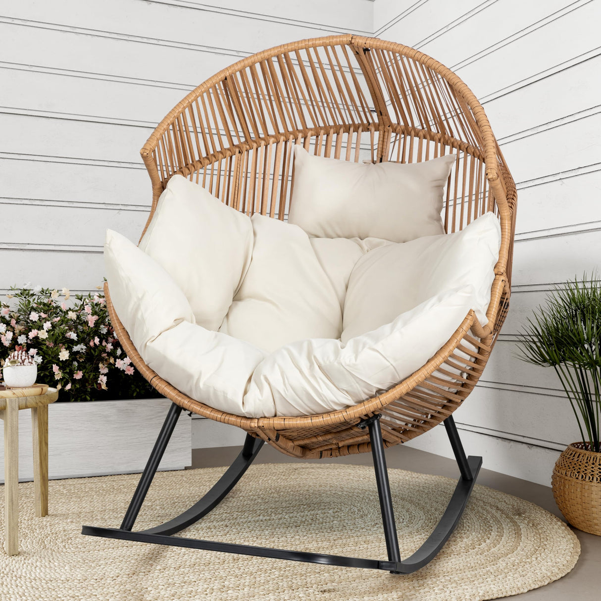 Shintenchi Wicker Egg Chair,Oversized Outdoor Indoor Rocking Chair,Large PE Rattan Rocking Chair with Cushion for Patio, Balcony, Backyard, Garden, Beige Shintenchi