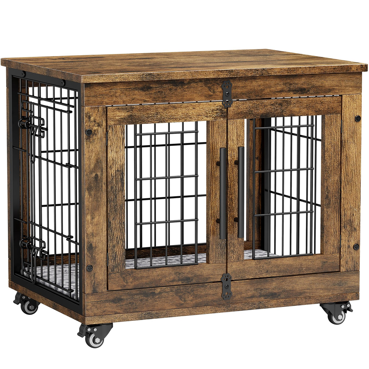 Lulive Small Dog Crate Furniture, Dog Kennel Indoor Double Doors Wooden Dog Cage, 27.1'' Heavy Duty Dog Crate with Cushion & Wheels, Decorative End Table Pet House Chew-Resistant for Small Dogs, Brown Lulive