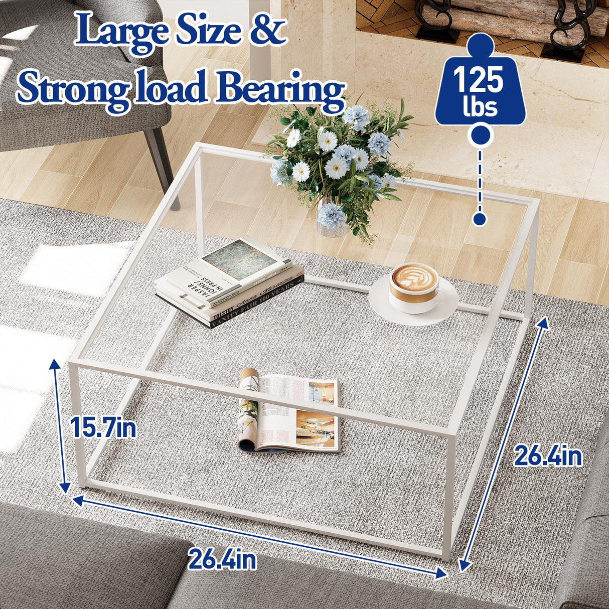 Glass Coffee Table Square Coffee Table for Small Space,Modern Minimalist Center Table for Living Room Home Office,Tempered Glass-top with Sturdy Metal Frame,Easy Assembly,27 x 27In, White Easy Paws