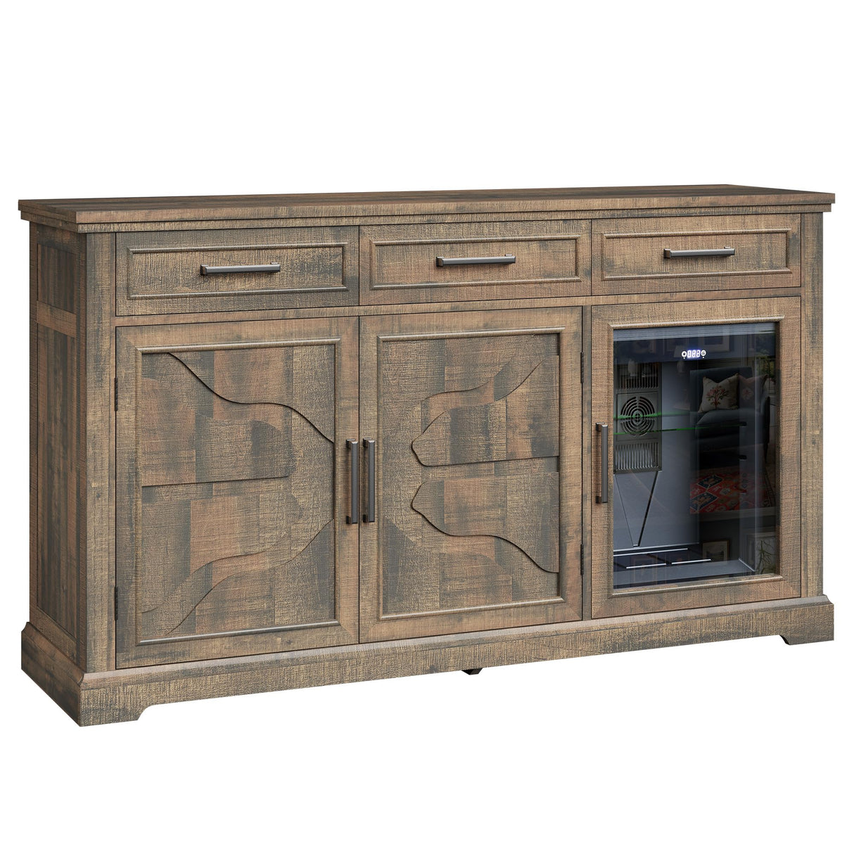 LUXOAK 60" Farmhouse Coffee Bar Cabinet with Beverage Fridge (Included), Wine Bar Cabinet with Drawer Storage, Mini Fridge Cabinet, Sideboard Cabinet for Dining Room, Living Room-Brown LUXOAK