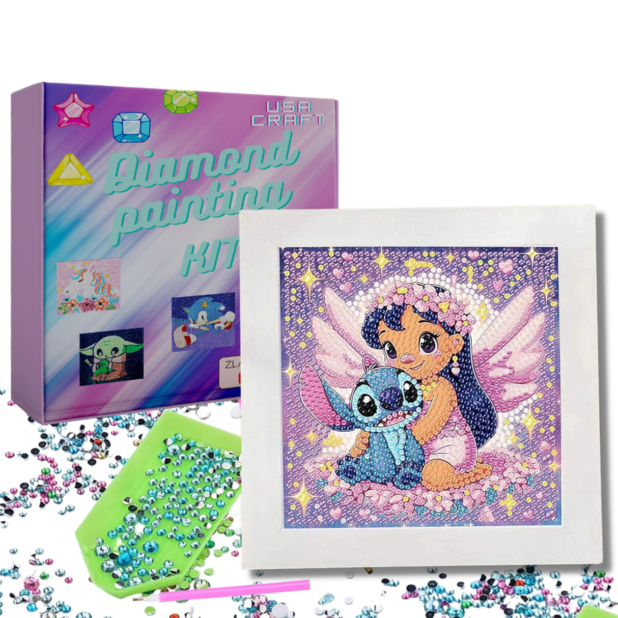 USACRAFT Cute Diamond Painting Kits, Mosaic Kit, Large 7x7 Natural Wooden Frame, Pre-Mounted Canvas, Sparkling Crystal Gems, Pen, Arts & Crafts Tray, Gum. Famous Characters, St.Girl USACRAFT