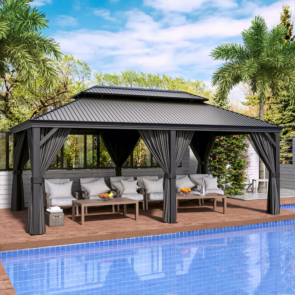 HAPPATIO 12' x 20' Hardtop Gazebo, Outdoor Aluminum Frame Gazebo with Galvanized Steel, Double Roof Permanent Patio Metal Gazebo Canopy with Netting and Curtains for Backyard, Patio, Deck (Gray) HAPPATIO