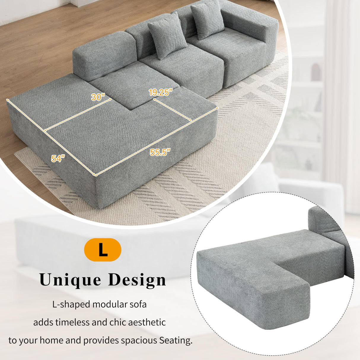 Merax 116.5" Minimalist Cloud Sectional Couch with L-Shape Chaise, Gray Modern Modular Sofa with Deep Seat, Convertible 4 Seat Sleeper Couches Set for Living Room, No Assembly Required, Grey Merax